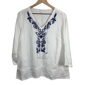 Artisan NY MEDIUM Linen Heavily Embroidered Split Neck Beaded Tassels Boho Beach